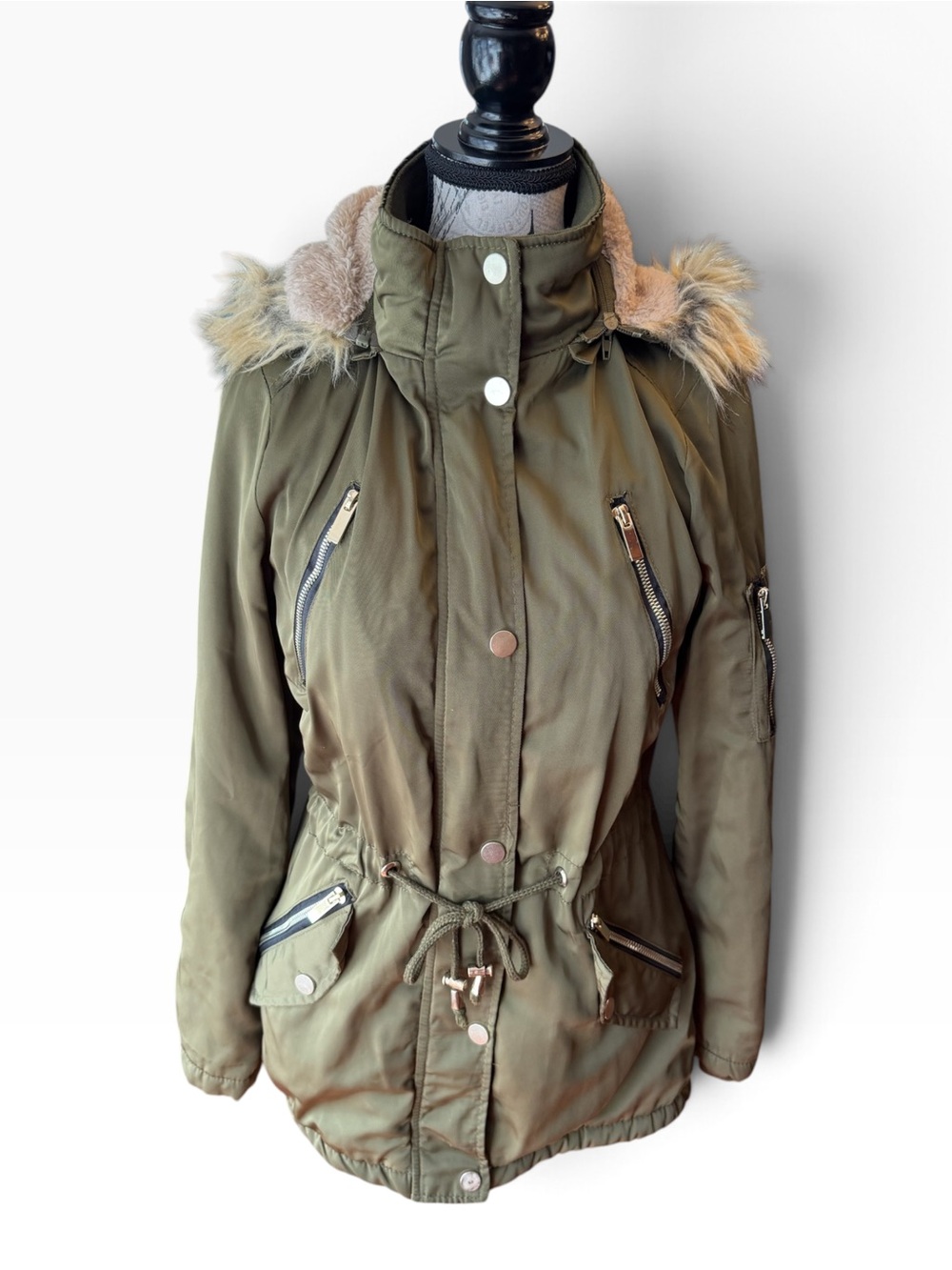YMI Olive Green Utility Parka with Faux Fur Trim